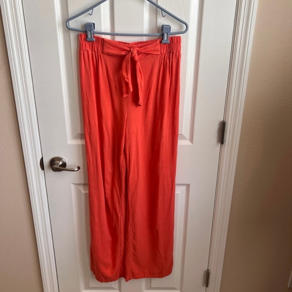 A. Byer Women's Coral‎ Tie Front Wide Leg Linen Blend Casual Pants Size M